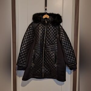 Michael Kors Black Quilted Puffer Coat with Fur Trim
